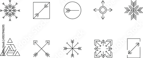 Arrow Direction and Navigation Icon Set with Geometric Arrows, Compass Symbols and Line Direction Indicators for Interface and Infographic Design