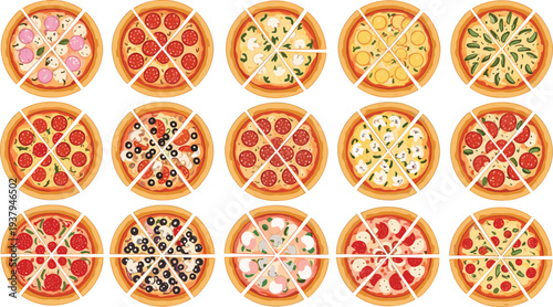 Colorful Pizza Slice Collection with Various Toppings Including Pepperoni, Mushroom, Olive, Tomato and Cheese for Fast Food Menu, Restaurant, and Delivery Designs
