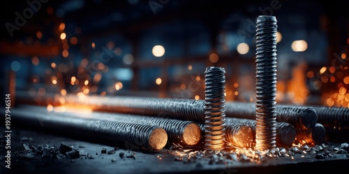 Close-up of threaded metal rods with sparks flying in a dark industrial setting