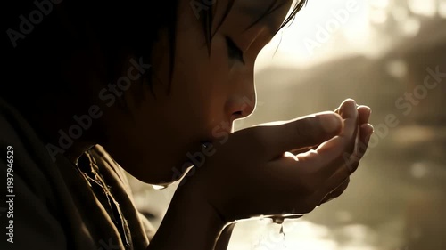 Close Up of Young Person Drinking Water from Hands in Soft Golden Light by Lake with Muted Palette