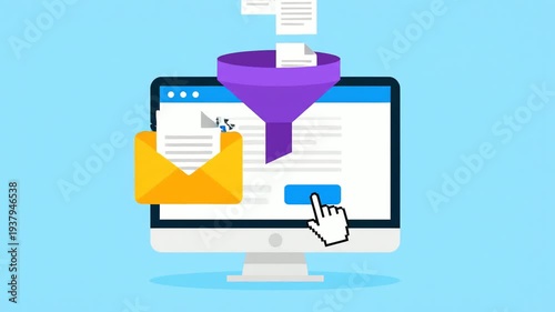 Data Filtration System Animated on Blue Background Computer Screen Funnel and Email Icon for Sorting Through Documents Clicking Hand Cursor