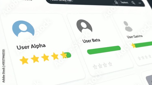 User Review Ratings Interface with Star Icons User Profile on a Clean White Background Showing Alpha Beta Gamma Users