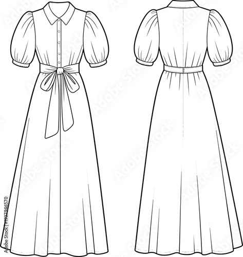 Flat vector CAD drawing of puff sleeve shirt dress with button front, tie waist, collar detail, and full length flared skirt design
