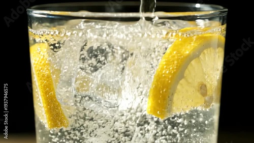 Clear Glass with Lemon Slices and Ice Cubes Filled with Water Bubbles on Black Background Stream of Water Being Poured into a Refreshing Drink