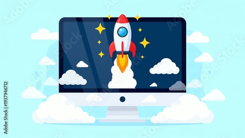 Abstract Flat Design Illustration of Uploading to Computer with Cursor Clicking on Red Button on Light Blue Background