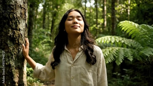 Young Woman Enjoying Sunlight In Lush Green Forest With Tall Trees Ferns And Wearing A Beige Button Down Shirt With Long Black Hair