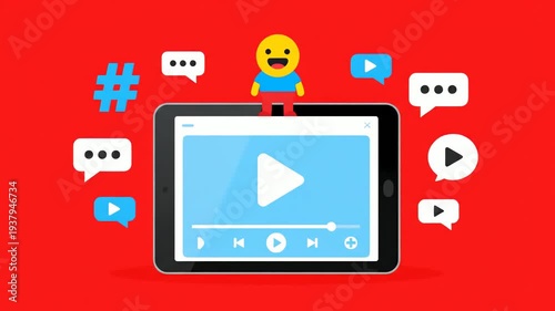 Digital Tablet with Play Icon and Pixelated Character on Bright Red Background Hashtag and Comment Bubbles