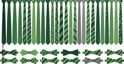 Green Necktie and Bow Tie Collection with Various Striped and Patterned Designs for Formal Fashion, Business Dress Code, Wedding Outfit, and Clothing Accessories