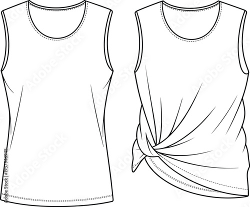 Flat vector CAD drawing of sleeveless tank top with side knot detail, technical fashion sketch, front and back view illustration