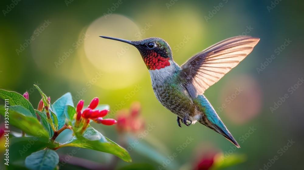 Naklejka premium Wildlife moment: small bird in dynamic flight among blossoms in natural light