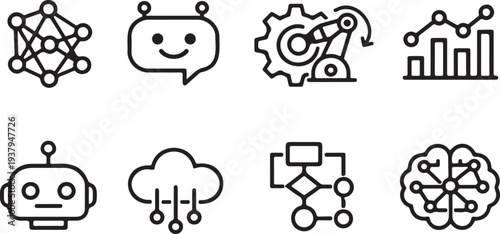 A collection of line icons representing artificial intelligence, machine learning, robotics, and data processing concepts.