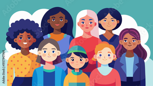 Diverse group of women and girls of different ethnicities smiling together representing unity equality female empowerment in colorful flat vector illustration