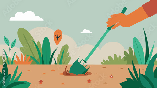 Gardening tool removing weeds from soil in garden representing plant care cultivation and eco friendly outdoor work colorful flat vector illustration