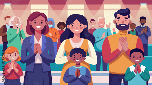Diverse community of families and children praying together in church representing faith spirituality unity and religious gathering colorful flat vector illustration