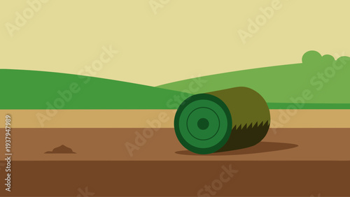 Hay bale on farmland field with rural landscape representing agriculture harvest season and farming countryside colorful flat vector illustration
