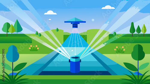 Smart irrigation system watering agricultural field with automated sprinkler technology representing modern farming sustainability and water management colorful flat vector illustration