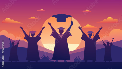 Graduates celebrating success at sunset raising graduation caps symbolizing achievement education future and academic accomplishment colorful flat vector illustration