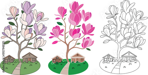 Decorative tree and house illustration set featuring three versions with colorful blossoms, pathway, and grassy details, perfect for coloring book, design, and creative projects