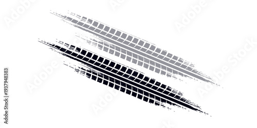 Tire track. Car, bike, motorcycle tyre mark with grunge effect isolated on white background. Wheel footprint on the road. Top view of rubber protector mark