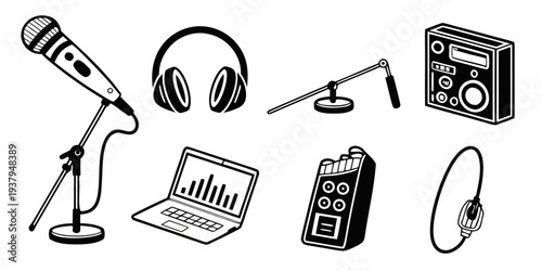 A collection of various electronic devices and equipment for audio and video production. Vector