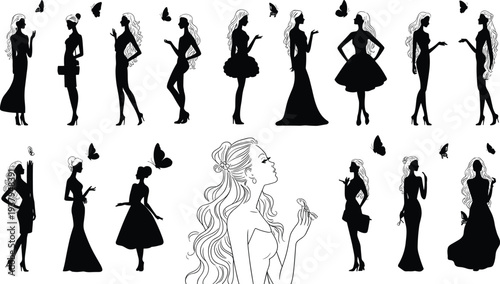 Elegant women silhouette illustration set featuring fashion poses with butterflies, flowing dresses, and graceful details, perfect for beauty, nature, and design projects