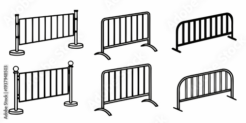 Six metal barricades arranged in a circular pattern on a white background. Vector