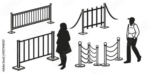 A woman walking past a series of different types of metal barricades. Vector