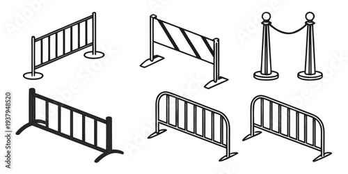 Various types of metal barriers and guardrails used for safety and crowd control. Vector