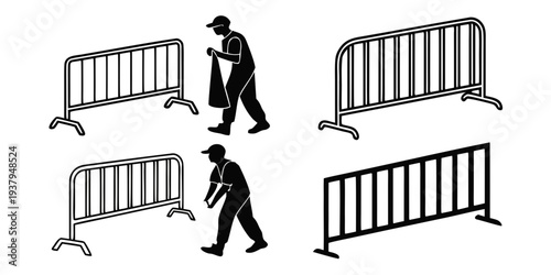 A man walking past a series of barriers placed in different configurations. Vector