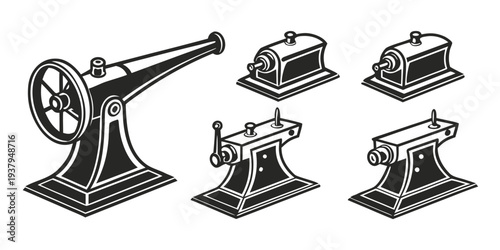 Four vintage sewing machines displayed on wooden pedestals in a row Vector