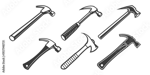 A collection of various hammer types and designs in monochrome Vector