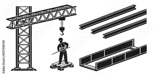 Construction worker standing in front of a crane and steel beams Vector