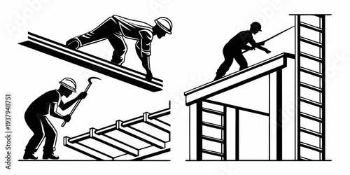 Construction workers demonstrating various methods of working at heights Vector