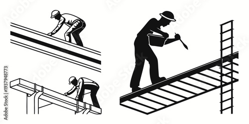 Construction workers demonstrating various techniques and safety measures on a building site Vector