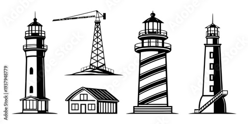 Illustration of a lighthouse, crane, and industrial building in a coastal setting. Vector