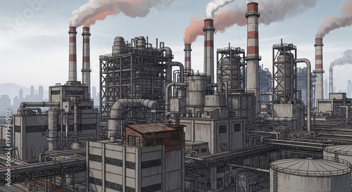 Industrial factory with smoking chimneys and complex structures.