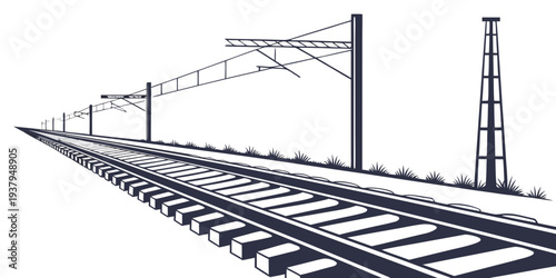 Aerial view of a railway track with overhead electric lines and poles Vector