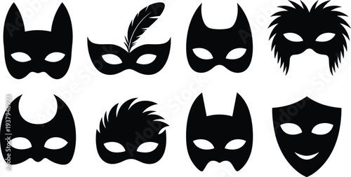 Masquerade and superhero mask silhouette set featuring eight unique black designs with feathers, spikes, crescent shapes, and shield contours, perfect for costume and design projects