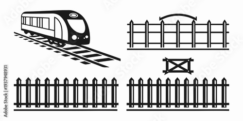 A collection of various types of fences and a train in a simple illustration Vector