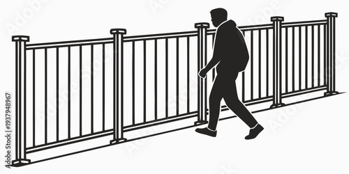 A person walking through an open metal gate with vertical bars. Vector
