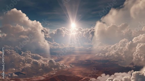 A breathtaking landscape illuminated by a radiant light presence casting a soft volumetric glow across the horizon and enhancing the beauty of the vast sky and terrain.