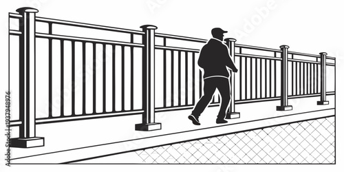 A person walking through a narrow opening in a tall metal fence. Vector