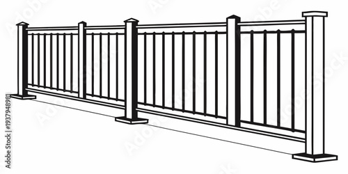 A detailed illustration of a black metal fence with vertical bars and horizontal rails Vector