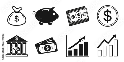 A variety of icons representing finance, banking, and economic growth. Vector