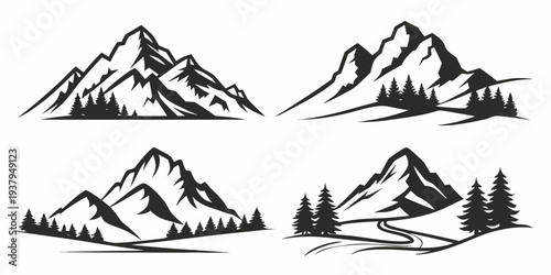 Four distinct black and white mountain illustrations showcasing various peak formations. Vector