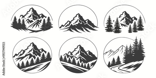 A collection of various mountain landscapes and activities in nature Vector