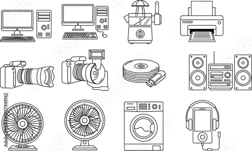 Black and white electronics icons, household devices symbols, computer graphics, camera elements, kitchen appliances signs, essential UI UX design collection