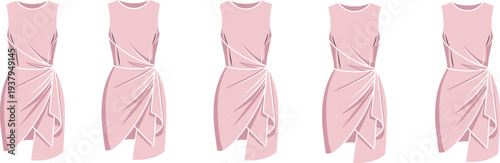 Pink dress fashion illustration set featuring five sleeveless designs with asymmetrical draped skirts and pleated variations, perfect for clothing, style, and design projects