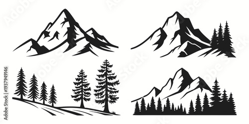 Four distinct black and white illustrations of mountain landscapes with trees Vector