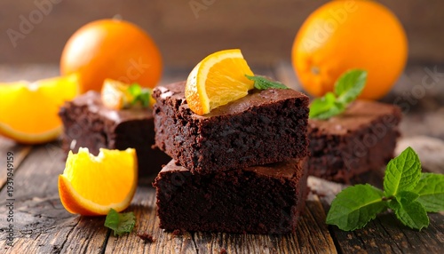 Stacked brownies with orange slices and mint sprigs displayed on rustic wood surface